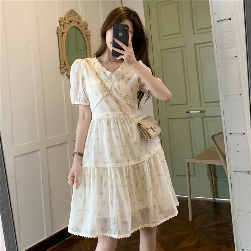 フローラルドレス サマーレースVネックスリーブスカート 夏物 花柄 萌量不足68068619300