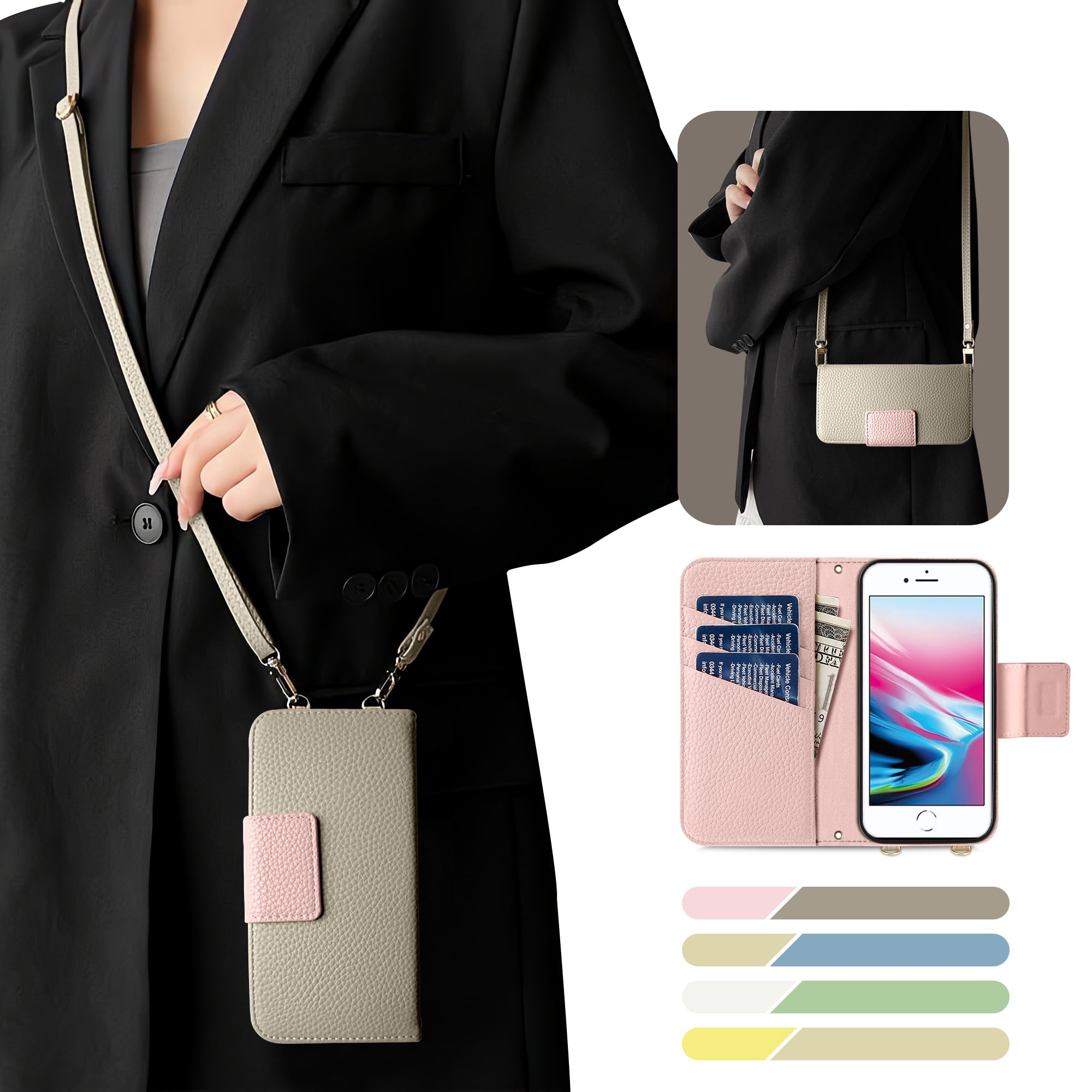 Kahper For iPhone SE ケース 第2世代 第3世代 手帳型 ショルダー バイカラー スマホケース se おしゃれ かわいい 女性 レトロ いPhone se3/se2 ケース カード収納 シンプル 上品 iPhone 8 ケース マグネット式 スタンド機能 肌感レザー iPhone 7 ストラップ 人気 エレガント レディース 手作(グレー メ ピンク)