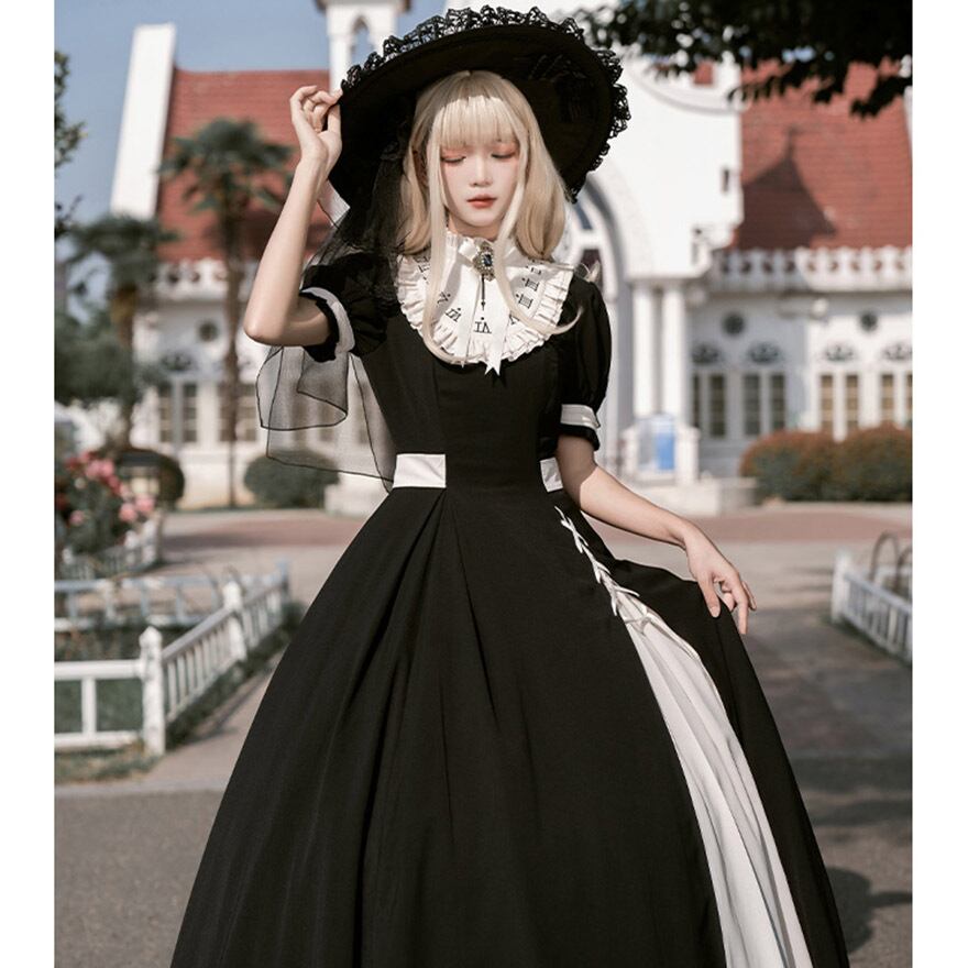 ロングワンピース 半袖 スリット ウエストリボン 上品 ゴスロリ 原宿