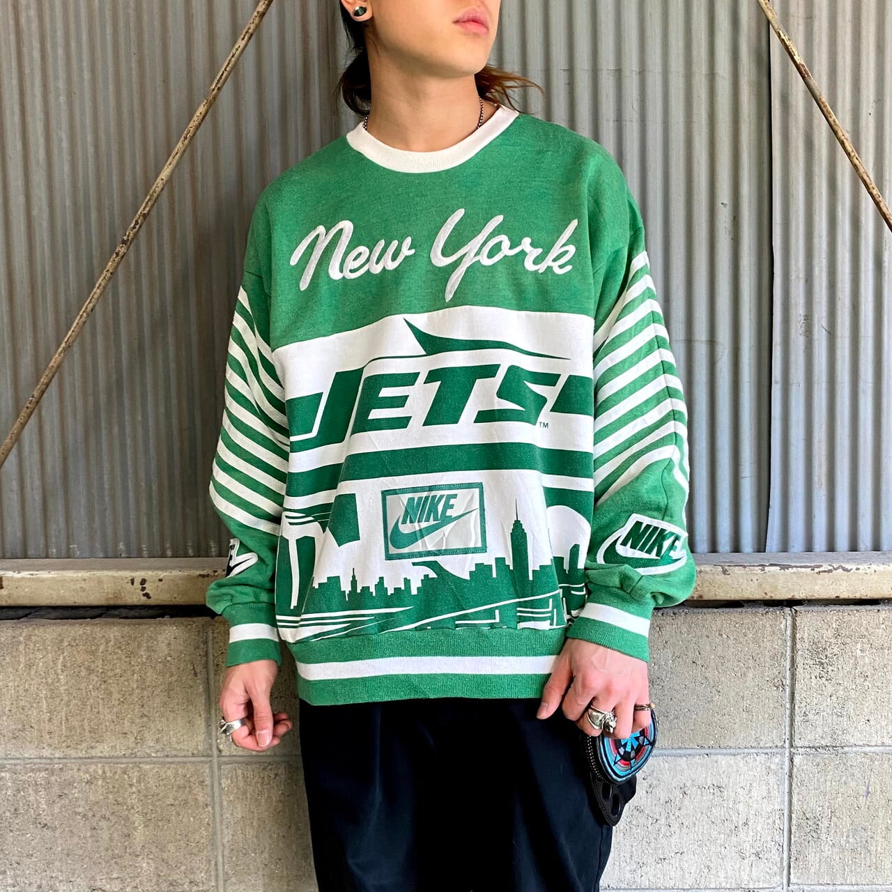 激レア 80年代 銀タグ NIKE ナイキ NFL チーム系 総柄デザインスウェット メンズXL 古着 トレーナー NEW YORK JETS  ニューヨーク ジェッツ グリーン 緑【スウェット】【VTG】 | cave 古着屋【公式】古着通販サイト