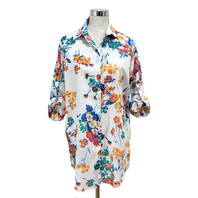 古着 ザラ ベーシック ZARA BASIC 長袖 ロング シャツワンピース チュニック クリーニング済み 花柄 レディース 大きいサイズ