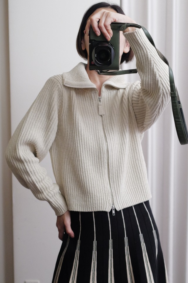 knit zip blouson mix off white