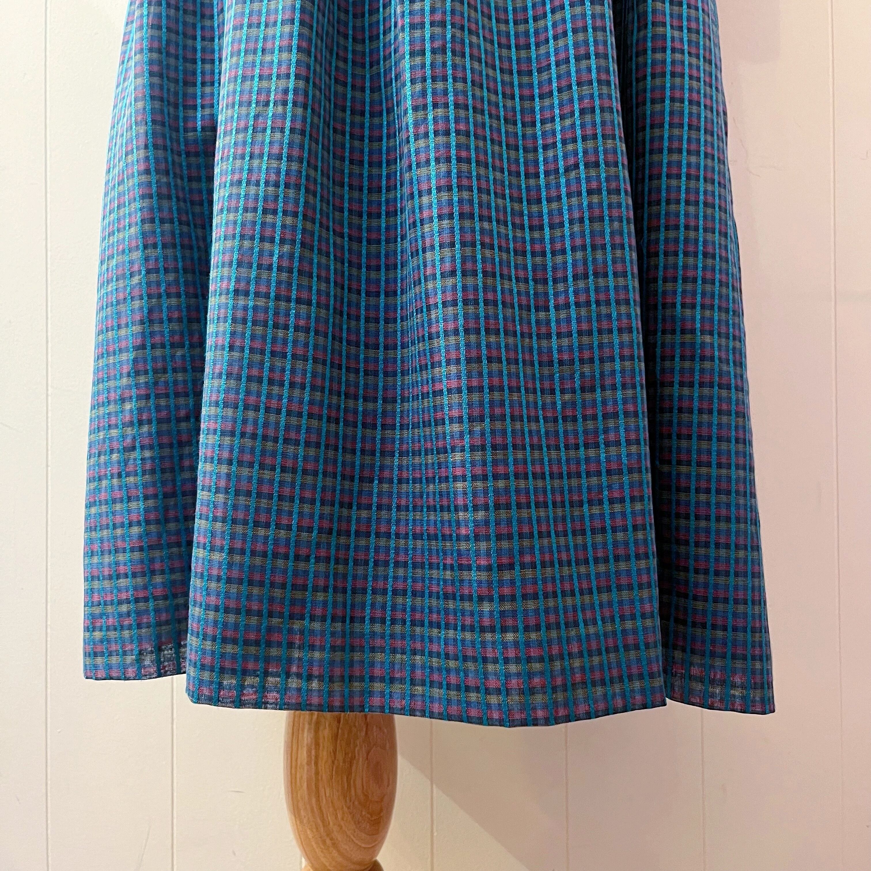 blue pink check low waist one-piece