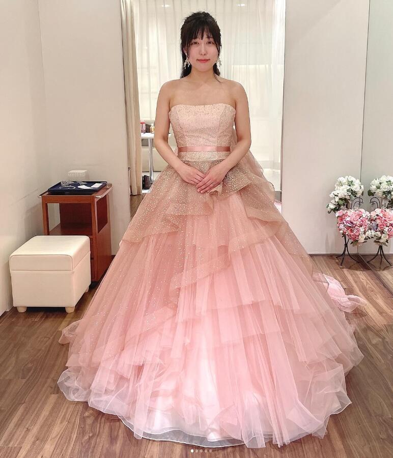 高品質！カラードレス ベアトップ ラッフルフリル キラキラグリッター  
