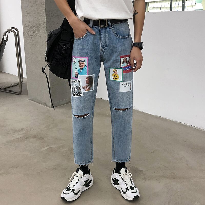 全1色 デニム パンツ ストレート カジュアル プリント