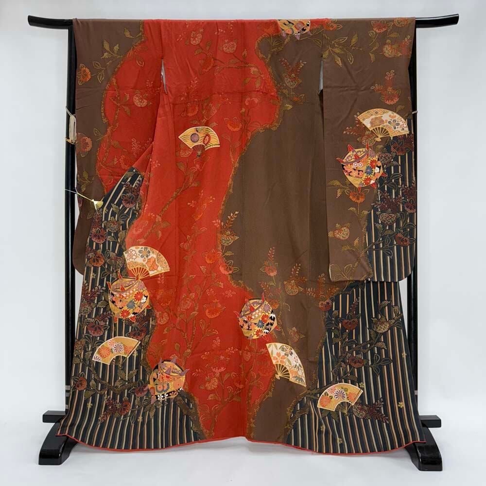 振袖 中古 赤 オレンジ 黒 正絹 古典 裄67cm 身丈167cm 美品 L サイズ 成人式 4450