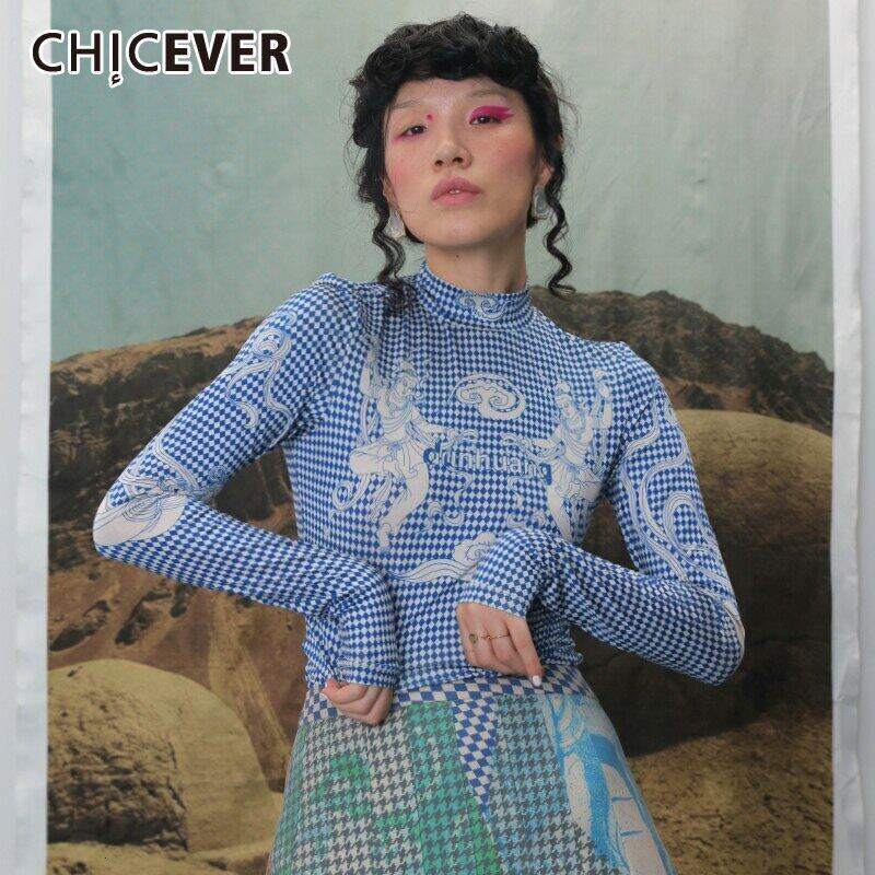 CHICEVERプリントヒットカラーTシャツレディースタートルネック長袖スリムシャツタイドオールマッチ2020年春秋 ロング スプリング 春物 オータム 秋物 6base5931211925