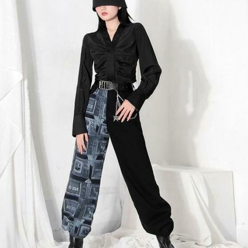 サブカル 服 地雷系 通販 モード系 長袖シャツ 深V字ネック バルーンスリーブ フレンチスタイル 大人 ゴシック きれいめ 韓国ファッション