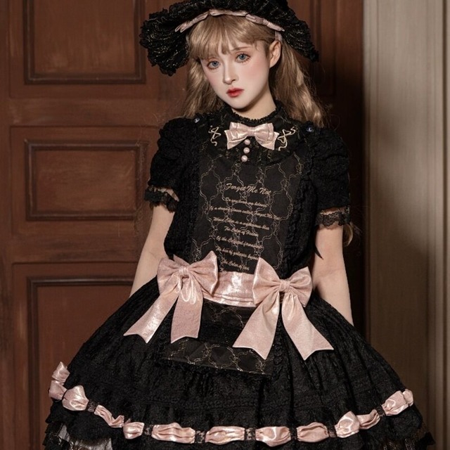 ゴスロリ 天使と夢の詩 半袖ワンピース｜大判リボンとレースが映える黒×ゴールドコーデ｜SEASONZ