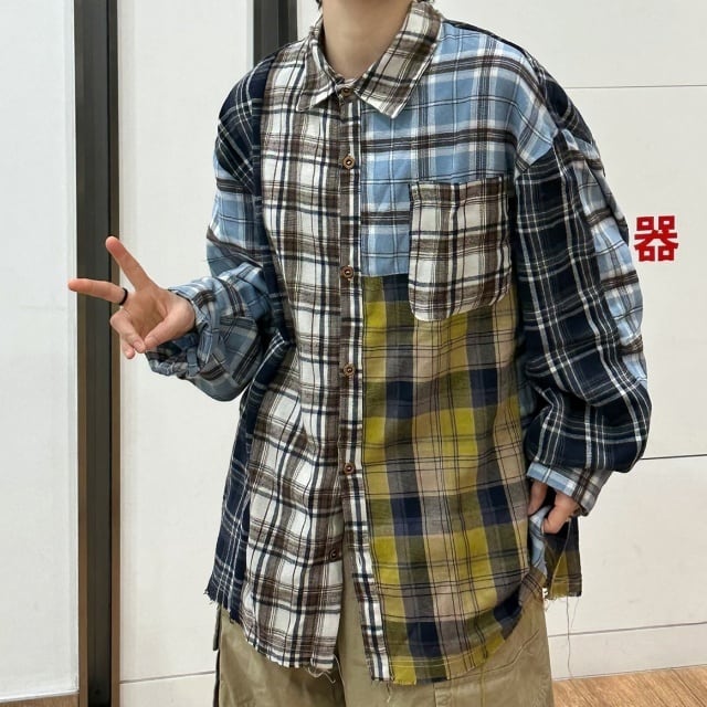 【予約販売】シャツ 長袖 トップス チェック柄 ブルー ダメージ加工 切り替え バイカラー メンズ こなれ感 カジュアル シンプル モード お洒落 こなれ感 韓国 トレンド 春 夏 秋 M/L/XL/2XL