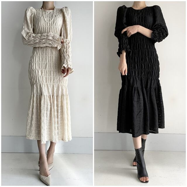 【予約販売】ワンピース レディース ロングワンピース ブラック ホワイト レース ボリューム袖 ドレス きれいめ ワンピ 大人可愛い ドレス 結婚式 エレガント おしゃれ こなれ感 韓国 春 夏 秋 トレンド フリー