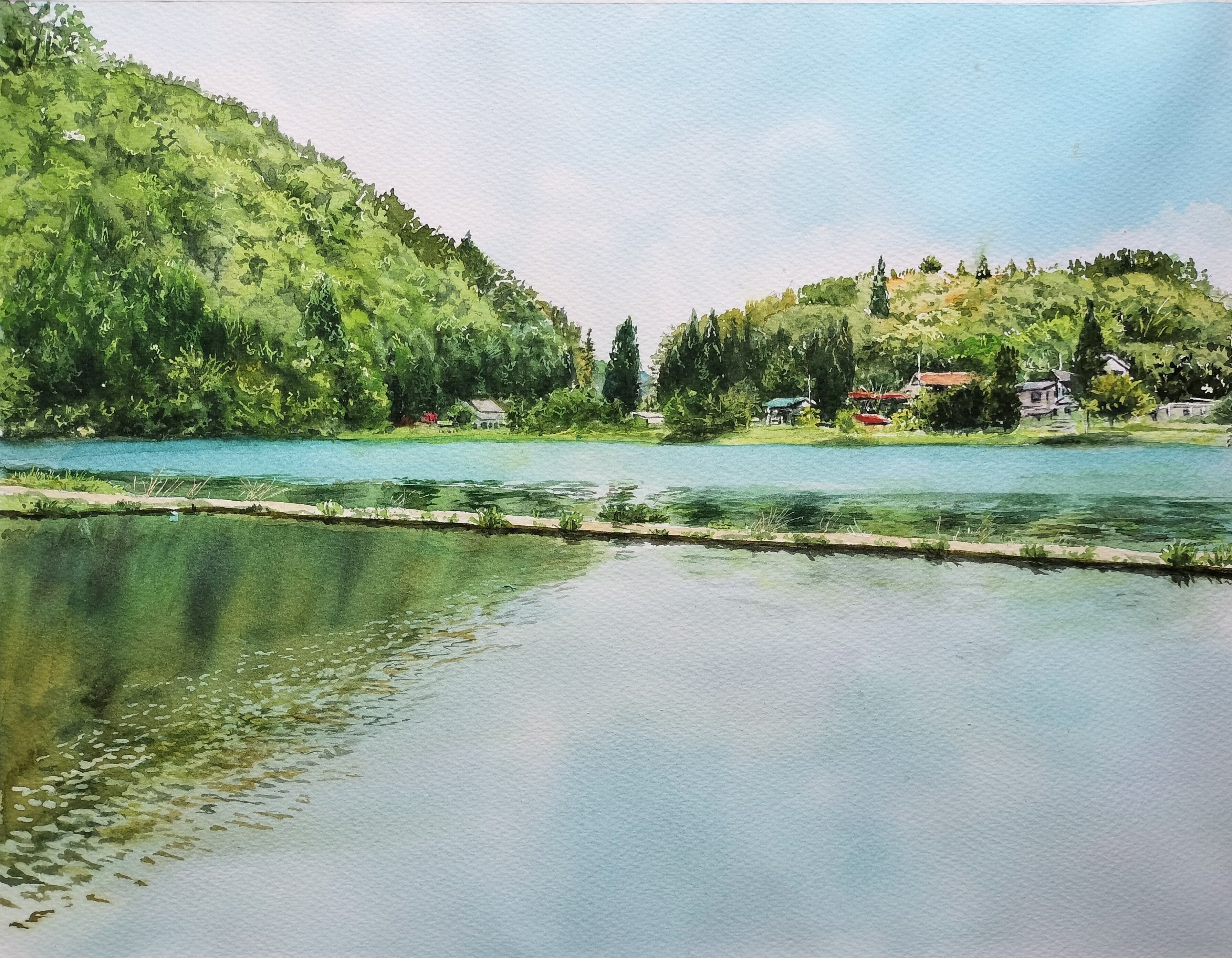 水彩画 風景画 画題「川色に魅せられて.」 | Pay ID