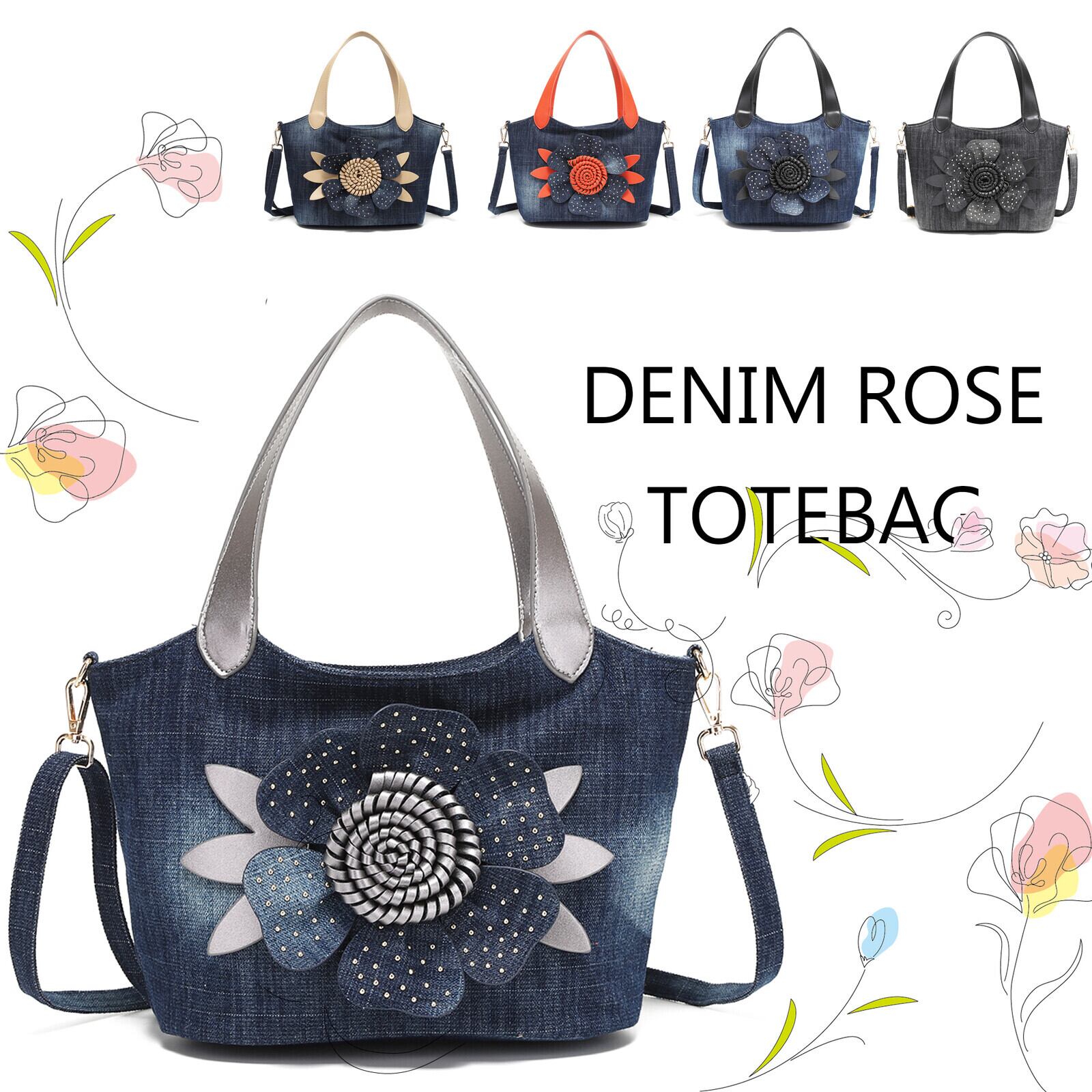 【AM505】バラコサージュデニムハンドバッグ【idadi】ハンドバッグ ショルダーバッグ 2way 斜めがけ 小さめ 大人 かわいい