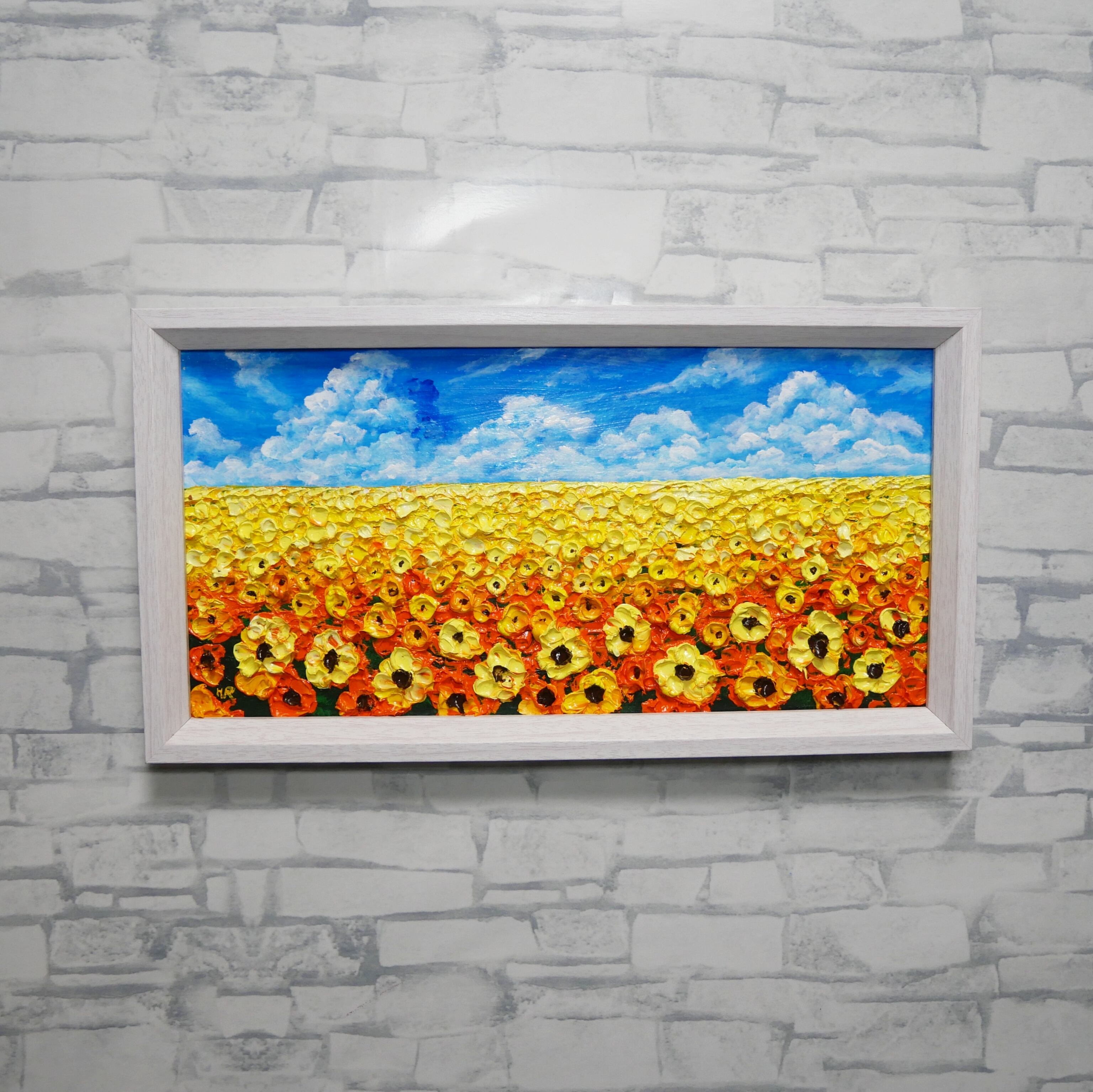 夏のインテリア】油絵原画「風がそよぐひまわり畑」ハンドメイドミニ