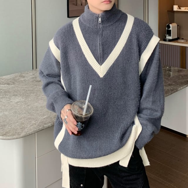 【予約販売】 ニット 無地 バイカラー ライン ジップアップ セーター ハイネック グレー ホワイト オーバーサイズ メンズ シンプル こなれ感 ストリート お洒落 韓国 トレンド 秋冬 M/L/XL
