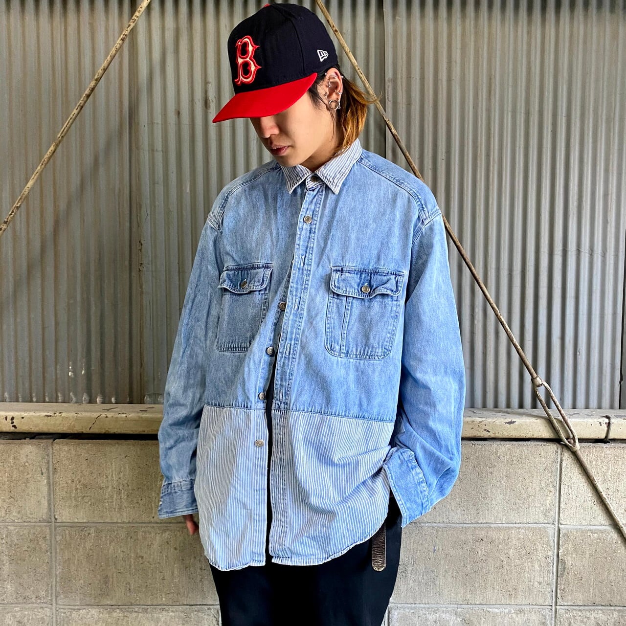 90年代 Gap Denim オールドギャップ 長袖 ストライプ切り替え デニムシャツ メンズl 古着 薄色 90s ビンテージ ヴィンテージ 長袖 シャツ Cave 古着屋 公式 古着通販サイト