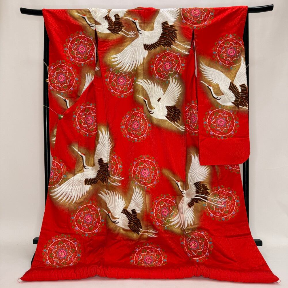 色打掛 正絹 鶴 刺繍 赤 打掛 花嫁衣裳 ポリエステル リサイクル 中古 ブライダル ウエディング 着物 6115