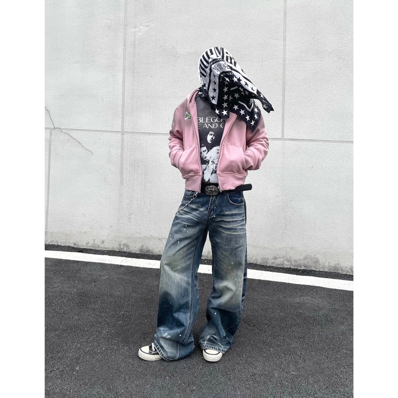 VINTAGE ストリート 裏起毛 汚れ加工ピンクジップパーカー T1991