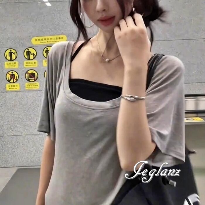 スクエア ネック 半袖 Tシャツ レイヤード スリム ユニセックス(MC867)ρ