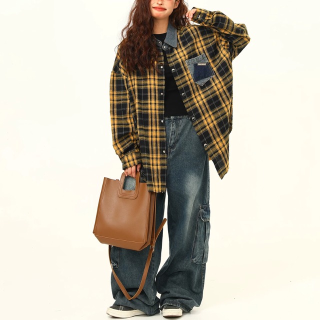 yellow check denim point shirt　イエローチェック柄デニムポイントシャツ　J2173