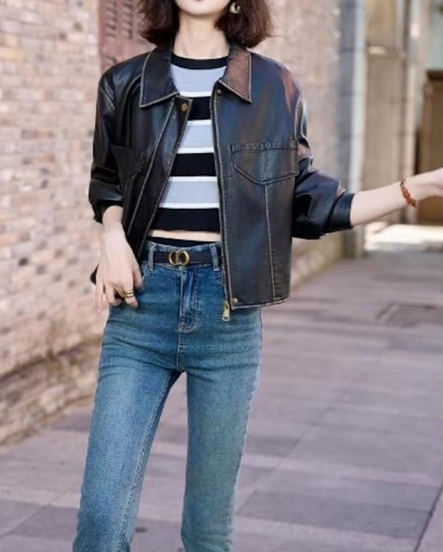 【送料無料】レザー ジャケット シンプル レトロ こなれ感 春 秋 レディース 10代 20代 30代 N1209