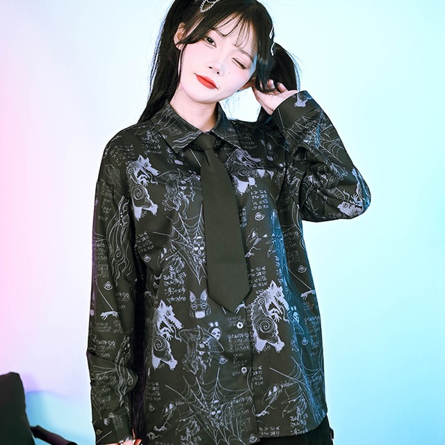 ゴスロリ通販 With U ゴスロリ服 古怪舎 長袖シャツ レトロ Monster CLUB 怪物柄 プリントシャツ ゴスロリ服 普段着 JK 可愛い  ゴスロリ服 病み服
