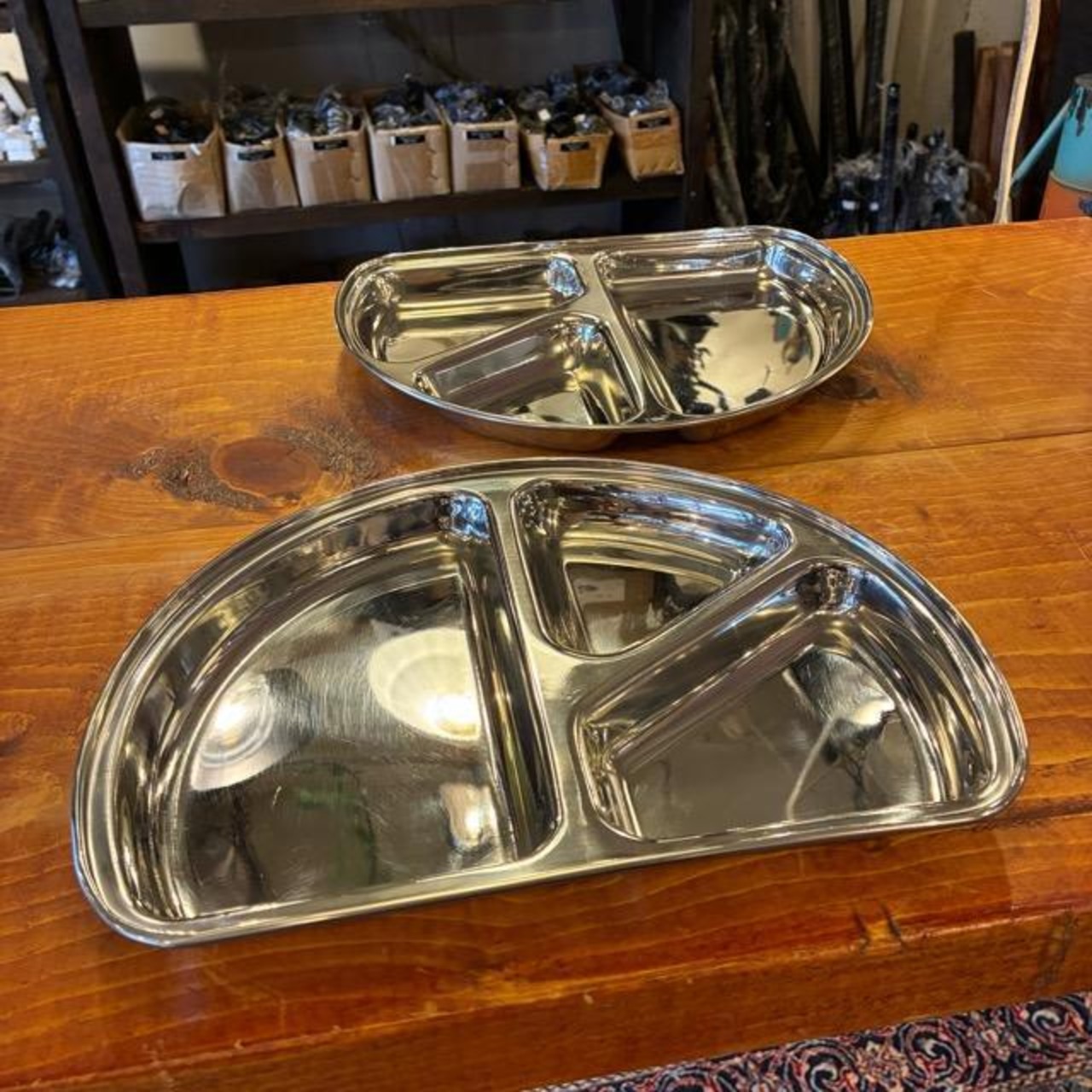 India Stainless Steel Lunch Tray Semicircle, Semicircular Divided Stainless Steel Lunch Plate, Outdoor Single Plate　