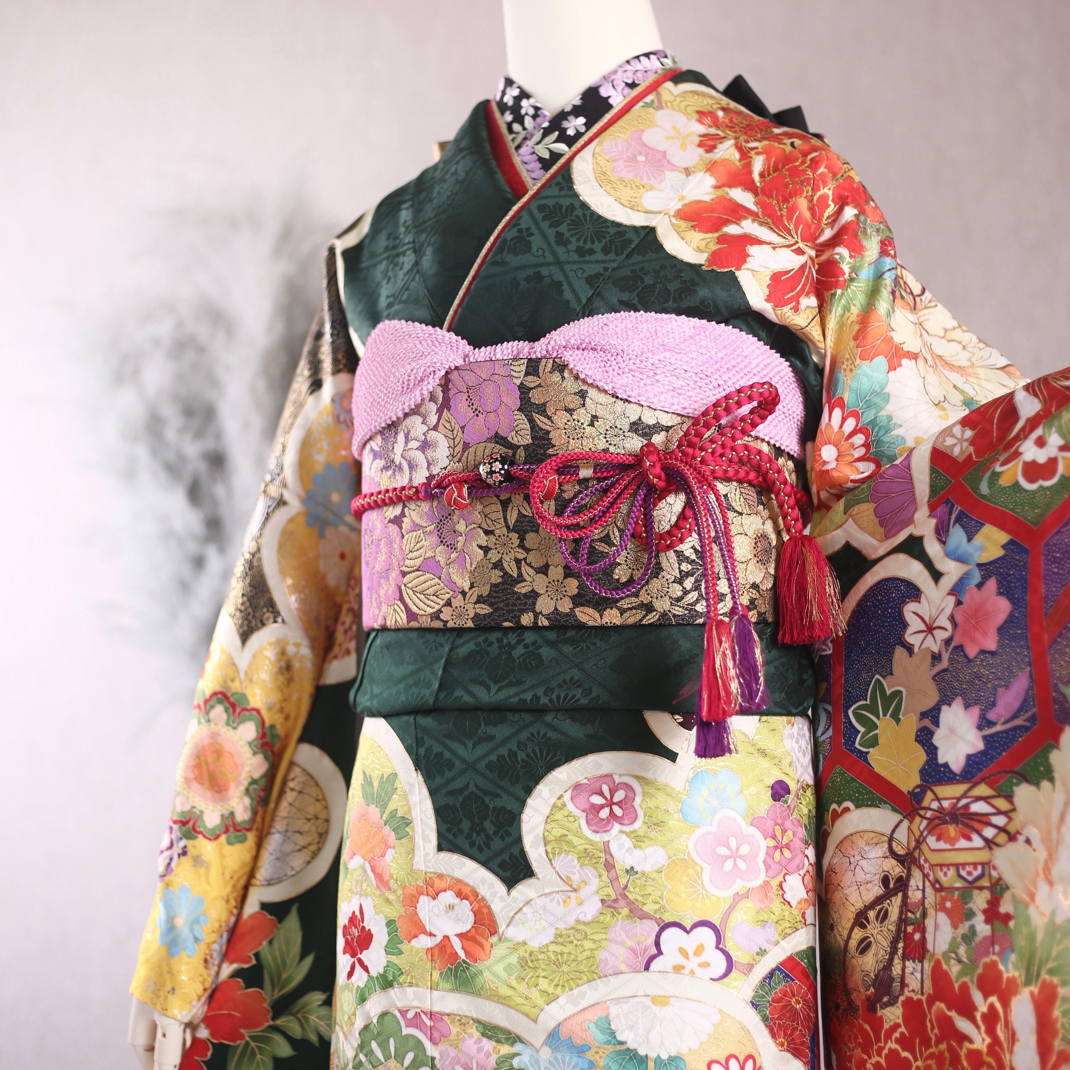 振袖フルセット 振袖セット 振袖 LLサイズ 深緑×モード 美品 振袖フルセット 振袖セット 振袖 LLサイズ 深緑×モード 美品
