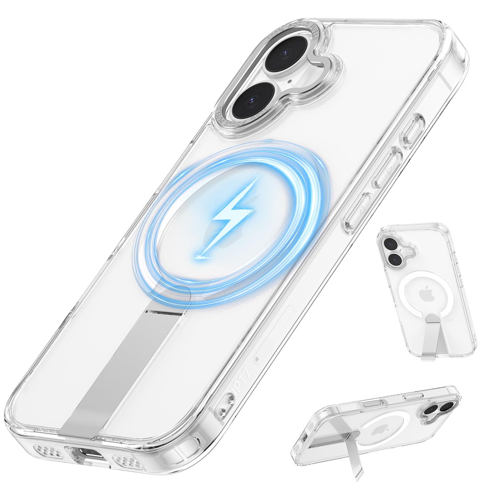 iPhone 17 ケース MagSafe対応 亜鉛合金製隠しスタンド 縦横両対応 エアガードコーナー 米軍MIL規格 耐衝撃 傷防止 軽量 ワイヤレス充電 最大25W高速充電 高耐久性 マグセーフ対応 マグネットスマホケース レンズカバー ストラップホール付き アイフォン17 専用 (クリア)