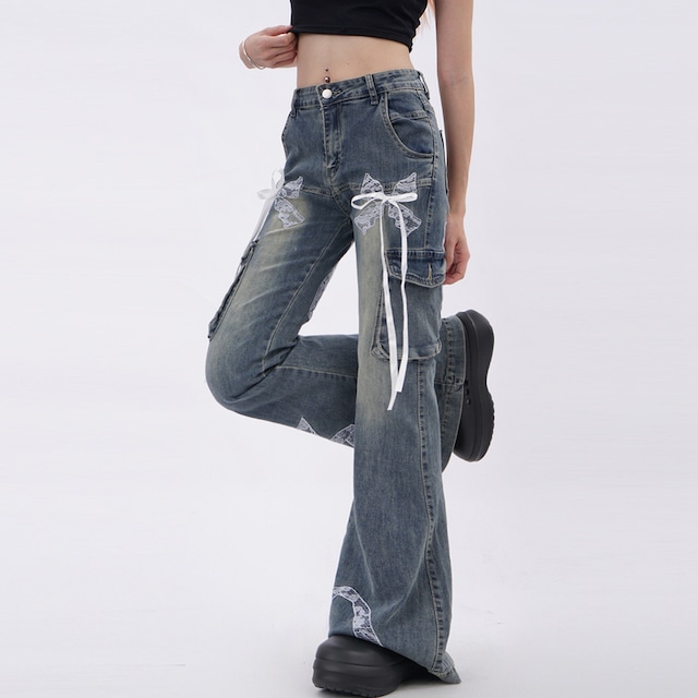 side lace-up patch pocket flared pants la3041