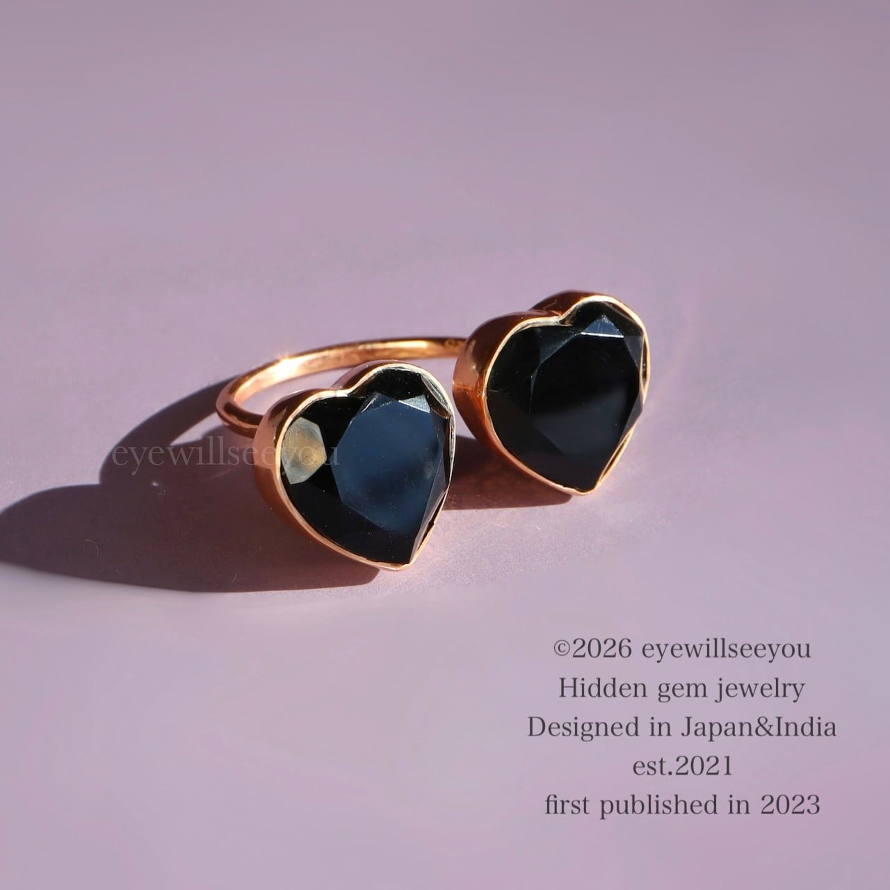 複数サイズ/調整可能）Double heart ring ブラックオニキス