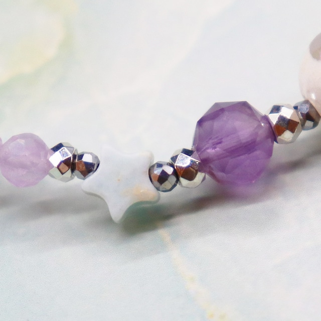 【Green Light Sunshine】水紋天珠×ペリドット×ラベンダーアメシスト×マザーオブパール ブレスレット