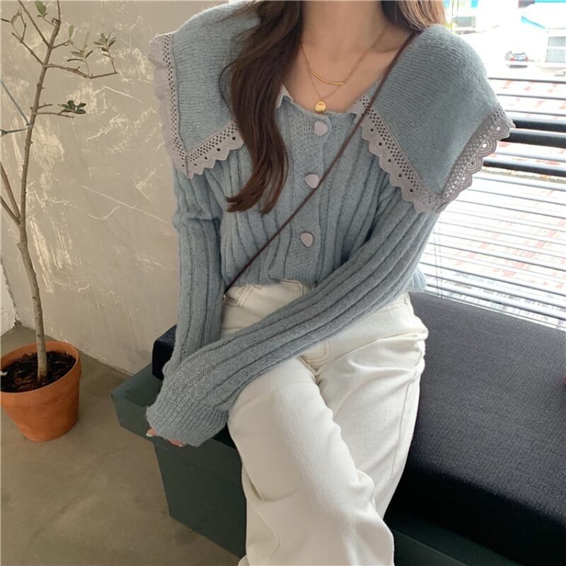 ブルーカラーニットセーター レディースオータムウィンターカーディガントップス ロング 大人ガーリー スウィート キュート カジュアル 秋物 冬物 萌量不足23956675392