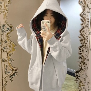 ジップ パーカー レディース 秋冬 韓国 チェック柄 バイカラー フード付き レイヤード風 重ね着風 ドロップショルダー ゆったり スウェット ライトアウター 体型カバー 学生 カジュアル ストリート 通学 旅行 お出かけ 着回し [LW-CGT006]