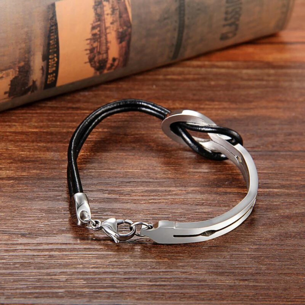 インフィニティシンボル ユニセックス ステンレススチール レザー シルバー ブレスレット ≪5COLOR≫【0219】