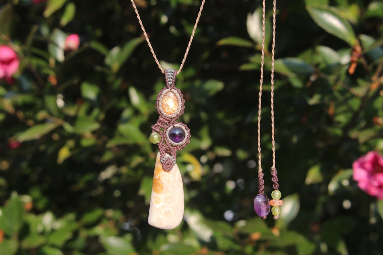 Fossil Coral & Sunstone & Amethyst micro macrame  pendant