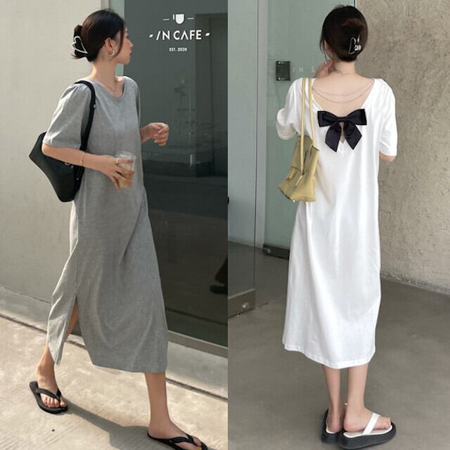 ワンピース レディース 膝下丈 スリット 背中開き バックリボン パールチェーン 半袖 ラウンドネック Tシャツワンピ 全3色 ブラック/ホワイト/グレー