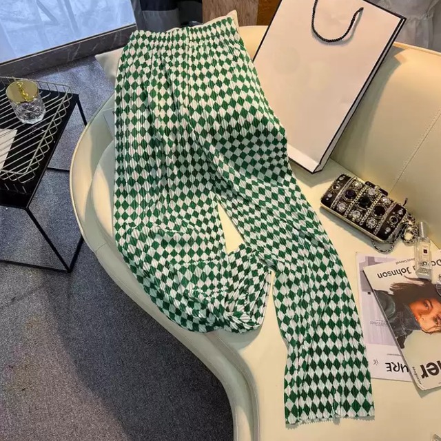grid pleated wide leg casual pants【2color】0477