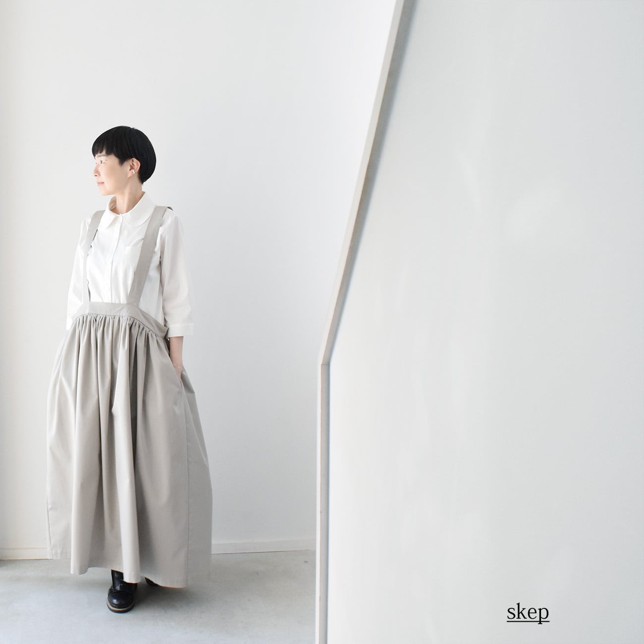 ギャザージャンパースカート：グレー［SK03JSGY］ | skep-online shop