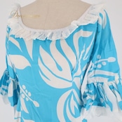 フラダンス 衣装 ワンピース ドレス タリーズポリネシア ブルー系 TALI’S POLYNESIA ハワイ製 アシンメトリー フリル かわいい 華やか 鮮やか 明るい ゴージャス 水色 白 ハワイアン アロハ ハワイアンプリント フラ ダンス レッスン 練習