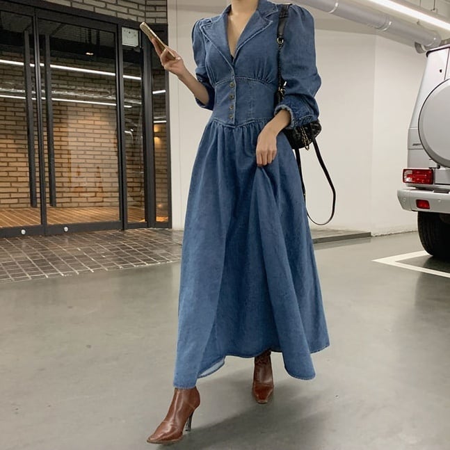 デニムワンピース ロング 半袖 デニム シャツワンピース 襟付き A