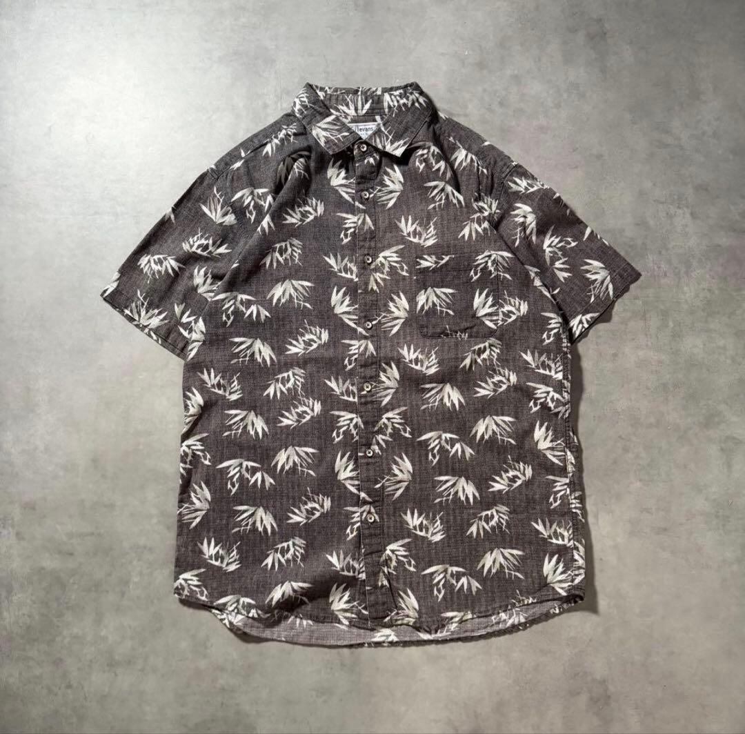 ヴィンテージ 半袖 総柄シャツ モノトーン リーフ柄 シック レトロ 古着