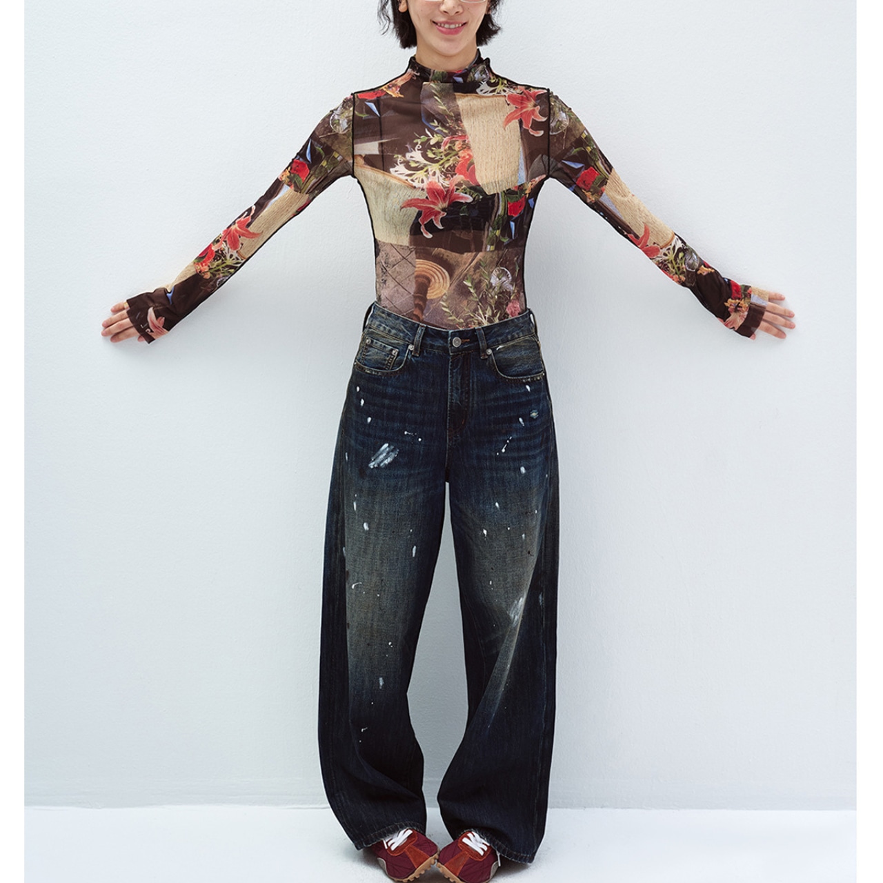 floral high-neck cut-and-sew T4355