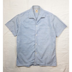 【1940-50s】"French Vintage" Blue Border Shark Collar Short Sleeve Shirt