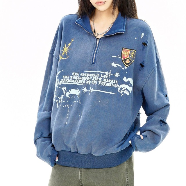 クラッシュエンブレムハーフジップトップス 1col   R02749
