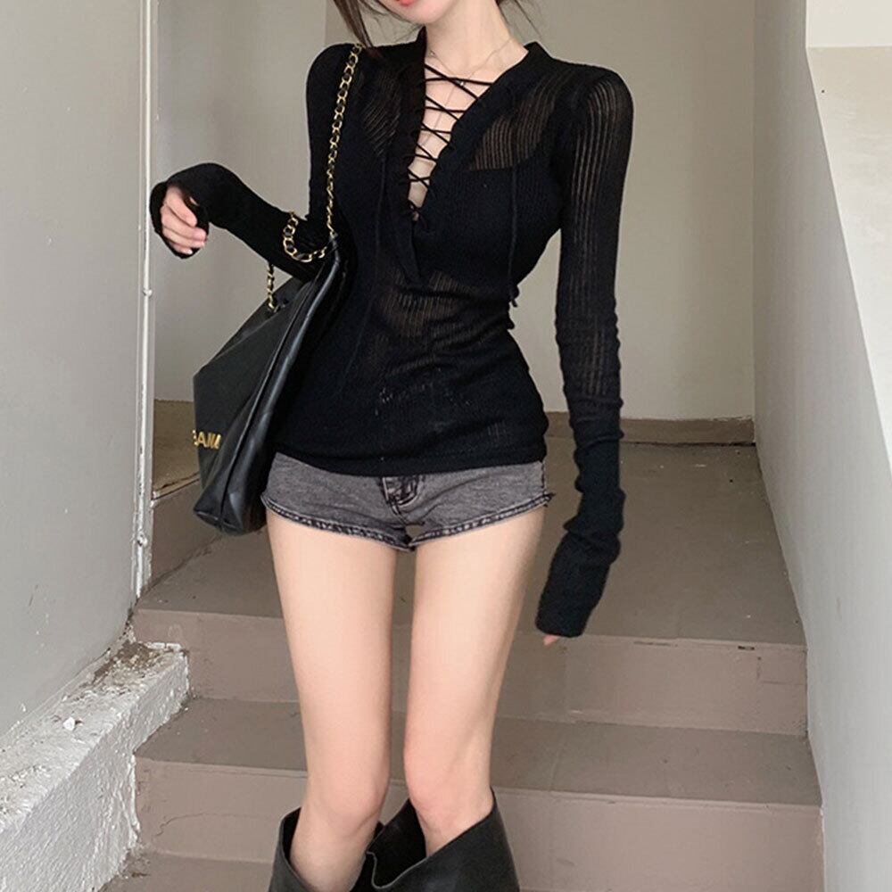 【送料無料】 Vネック レースアップ ニット トップス 長袖 レディース 春秋 韓国 肌見せ きれいめ 大人 かわいい おしゃれ 薄手 透け感 大人可愛い 大人女子