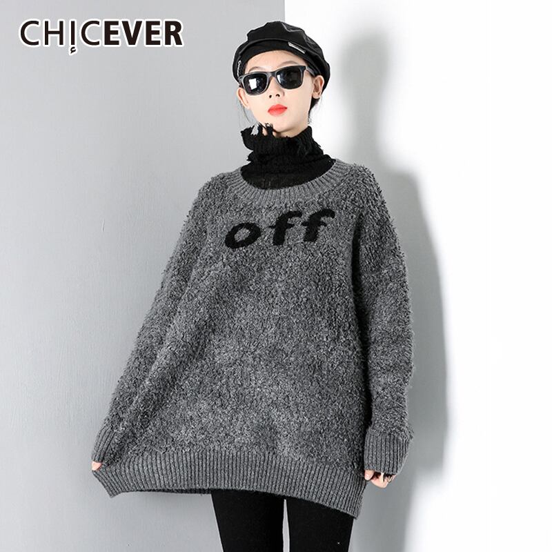 CHICEVERプリントレターセーター女性Oネック長袖ヒットカラーストリートニットプルオーバー2020服 ロング 6base559235731577