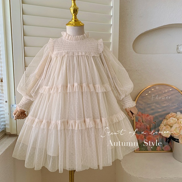 【予約販売】90-140cm ドットチュールワンピース／ナチュラルおめかしドレス