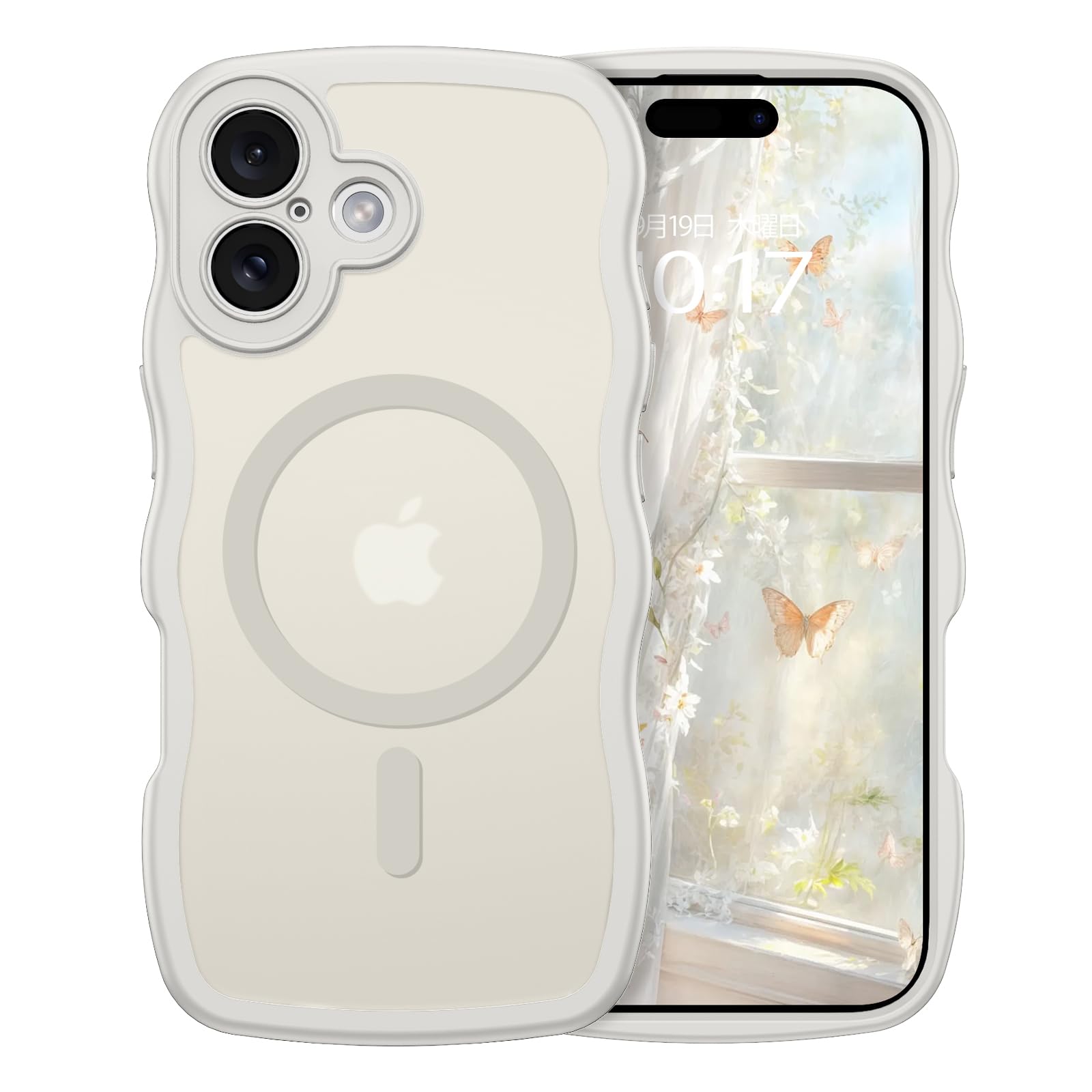 GUAGUA iPhone17 ウェーブ Magsafe対応 ケース クリア いphone 17 ソフトうねうね 半透明 マツと感 かわいい 人気 韓国 耐衝撃 おしゃれ 黄ばみなし 米軍規格 耐衝撃 マグセーフ リング マグネット 滑り止め なみなみ アイフォン 17用カバー