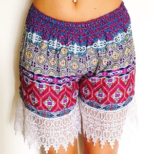 レースフリンジ ショートパンツ（ネイティブ柄/青）リゾート 海 ビーチ【バリ島直輸入】